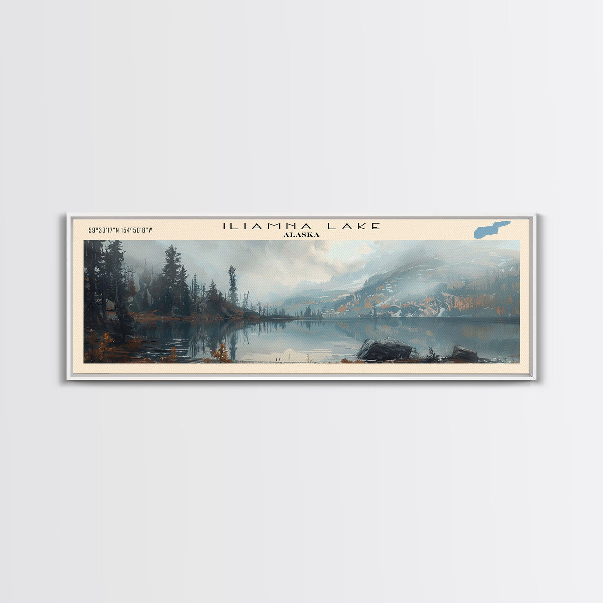 Iliamna Lake Framed Canvas Print, Panoramic Lake House Decor, Wall Art, Travel Poster, Serene Lake Painting, Nature Art