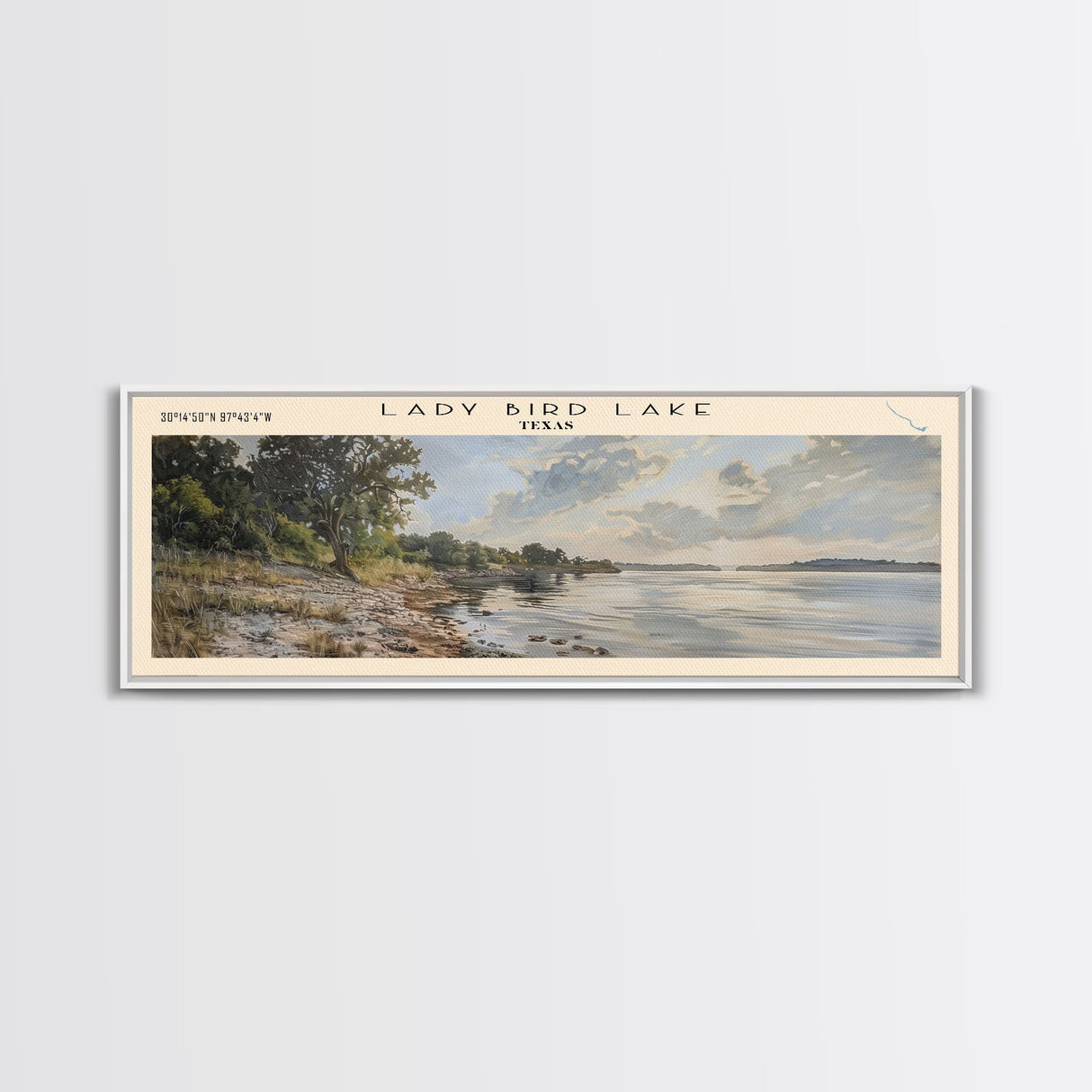 Lady Bird Lake Texas Framed Canvas Print, Lake House Decor, Panoramic Wall Art, Travel Poster, Beautiful Lake Painting, Nature Art