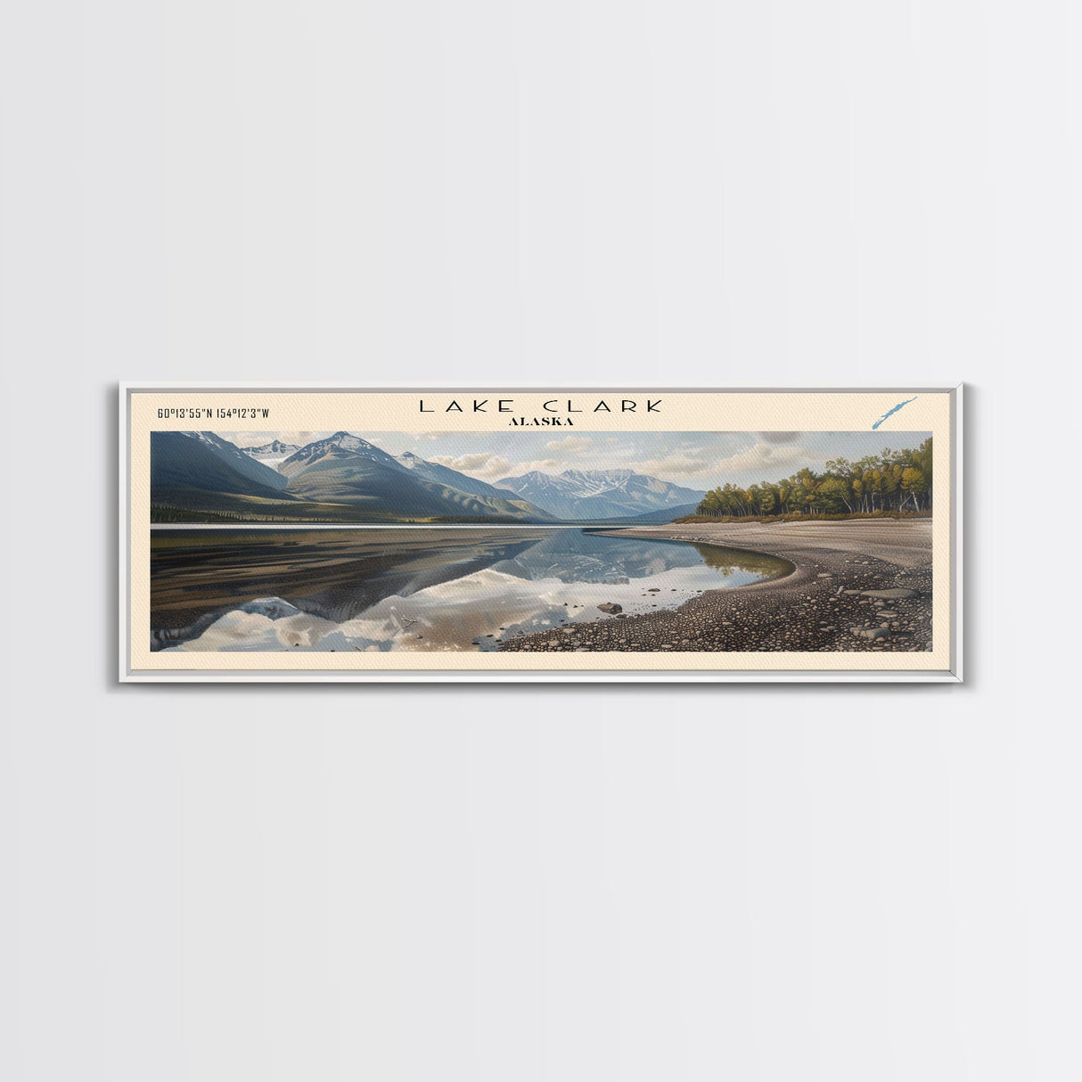 Lake Clark Framed Canvas Print, Lake House Decor, Panoramic Wall Art, Travel Poster, Scenic Lake Painting, Nature Art