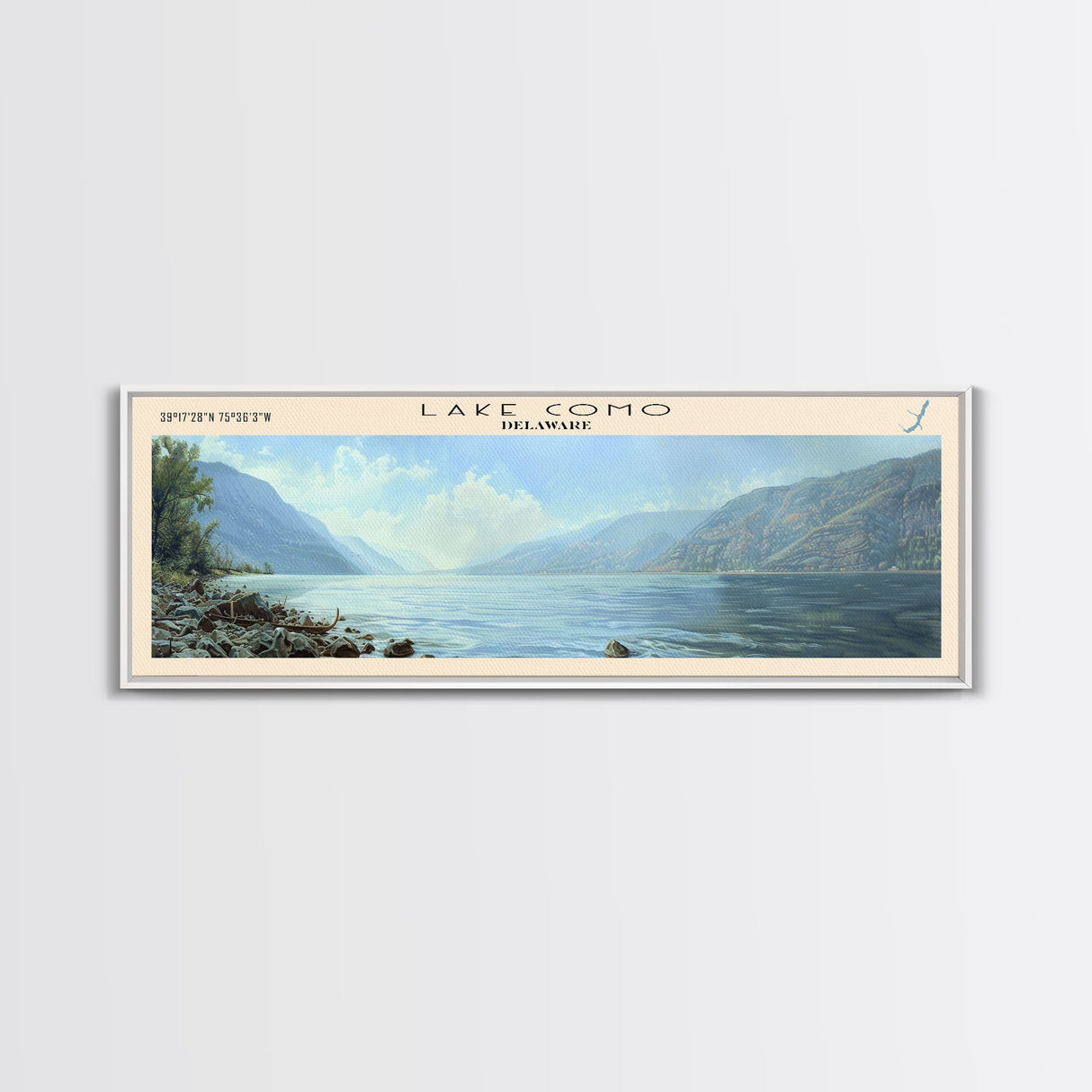 Lake Como Delaware Framed Canvas Print, Lake House Decor, Panoramic Wall Art, Travel Poster, Stunning Lake Painting, Nature Art