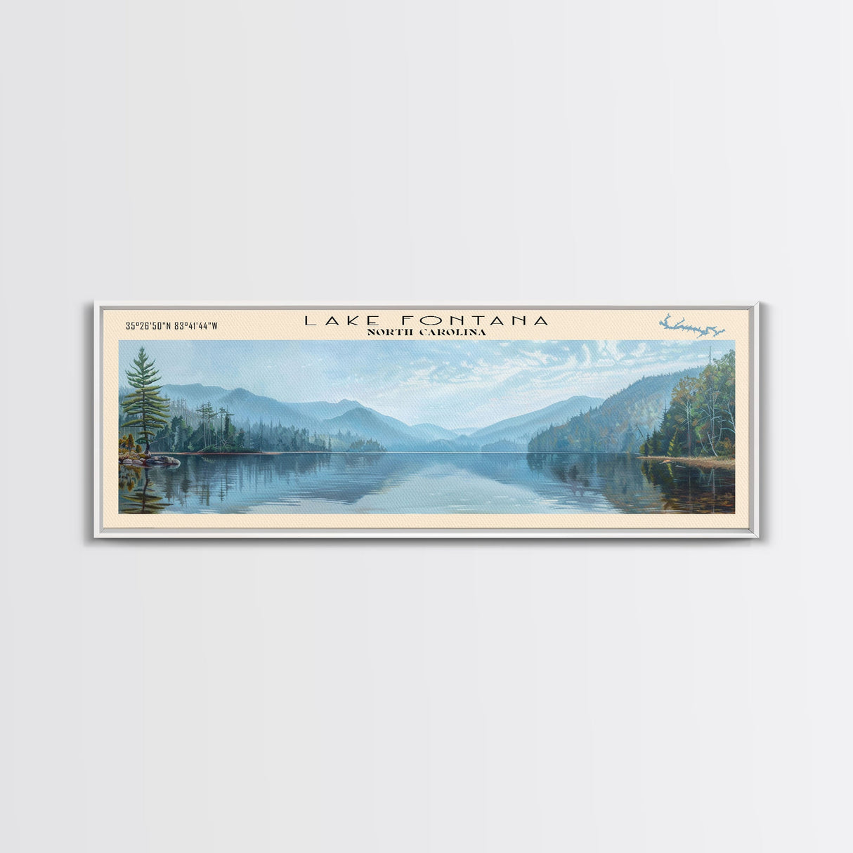 Lake Fontana North Carolina Framed Canvas Print, Lake House Decor, Panoramic Wall Art, Travel Poster, Beautiful Lake Painting, Home Art