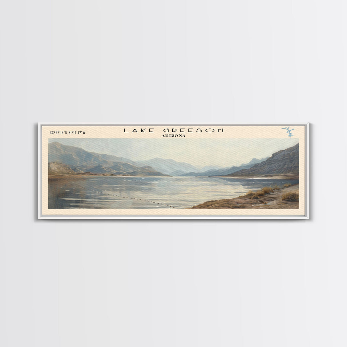 Lake Greeson Arizona Framed Canvas Print, Lake House Decor, Panoramic Wall Art, Travel Poster, Serene Lake Painting, Home Art