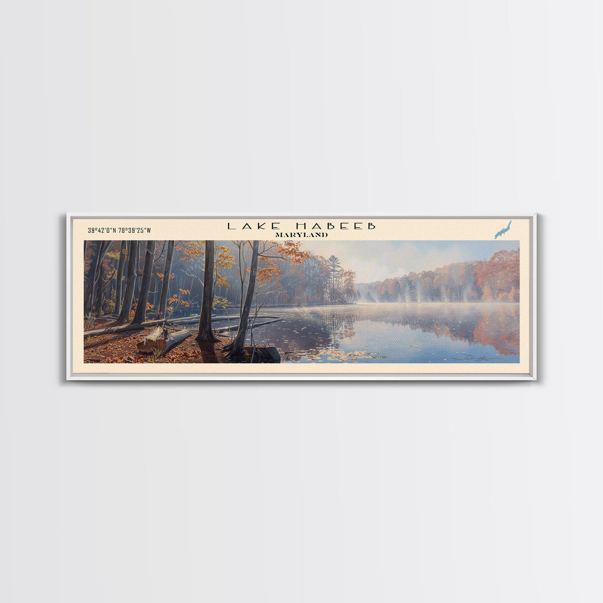 Lake Habeeb Maryland Framed Canvas Print, Lake House Decor, Panoramic Wall Art, Travel Poster, Serene Lake Painting, Nature Art