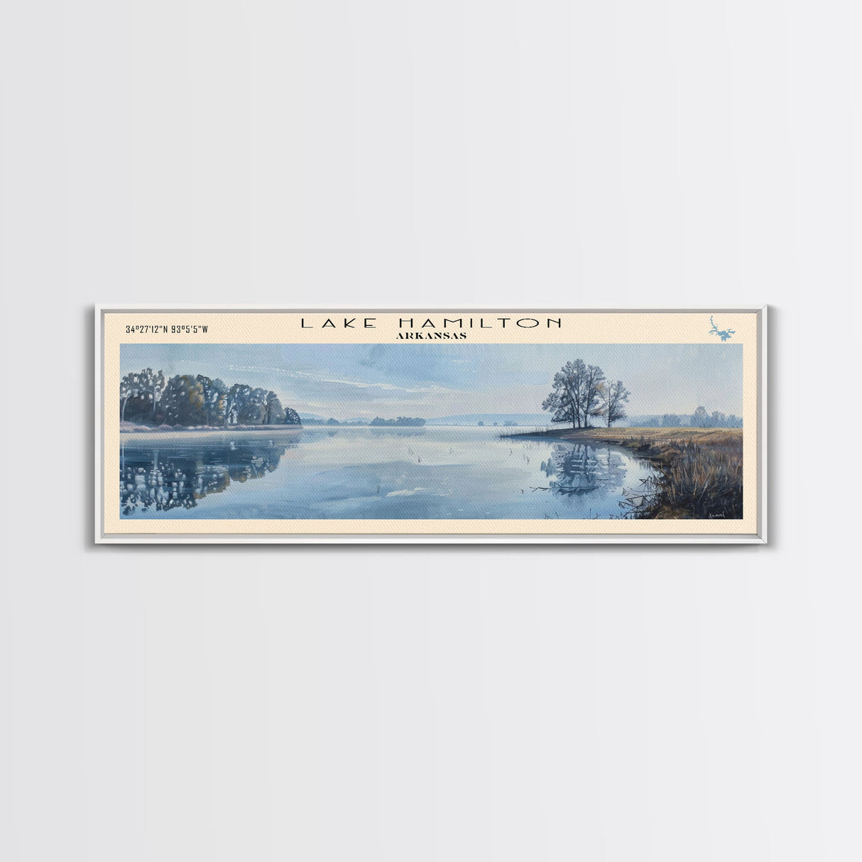 Lake Hamilton Arkansas Framed Canvas Print, Lake House Decor, Panoramic Wall Art, Travel Poster, Beautiful Lake Painting, Home Art