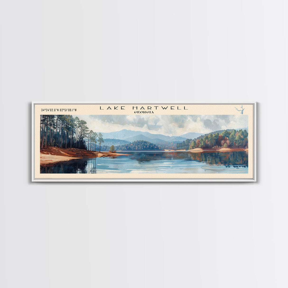 Lake Hartwell Georgia Framed Canvas Print, Lake House Decor, Panoramic Wall Art, Travel Poster, Serene Lake Painting, Nature Art