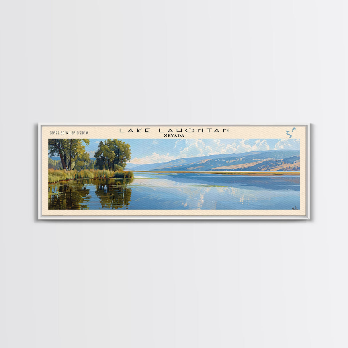 Lake Lahontan Nevada Framed Canvas Print, Lake House Decor, Panoramic Wall Art, Travel Poster, Beautiful Lake Painting, Home Art