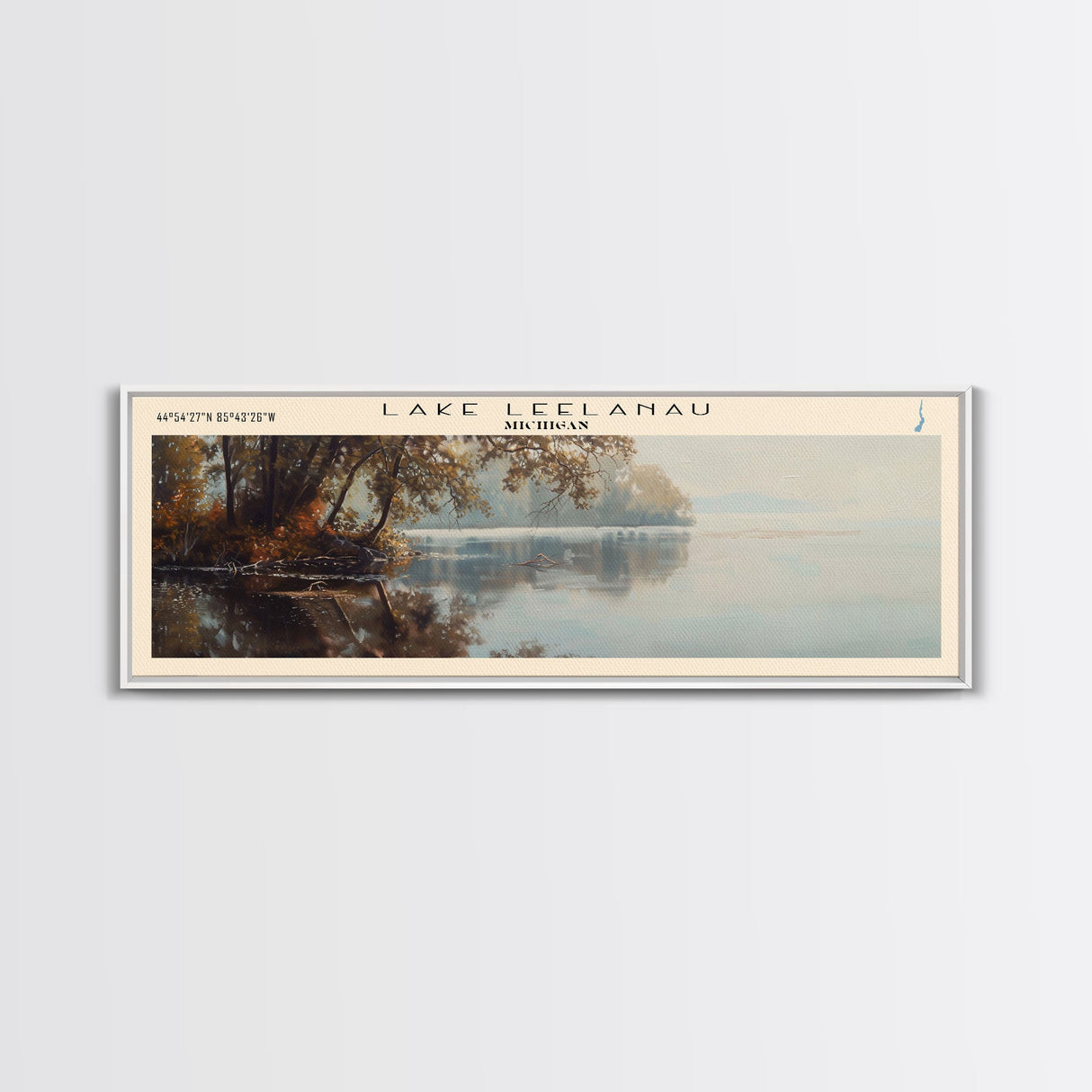 Lake Leelanau Michigan Framed Canvas Print, Lake House Decor, Panoramic Wall Art, Travel Poster, Serene Waterscape Painting, Rustic Art