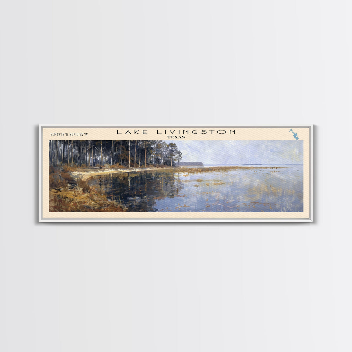 Lake Livingston Texas Framed Canvas Print, Lake House Decor, Panoramic Wall Art, Travel Poster, Scenic Lakeside Painting, Nature Print