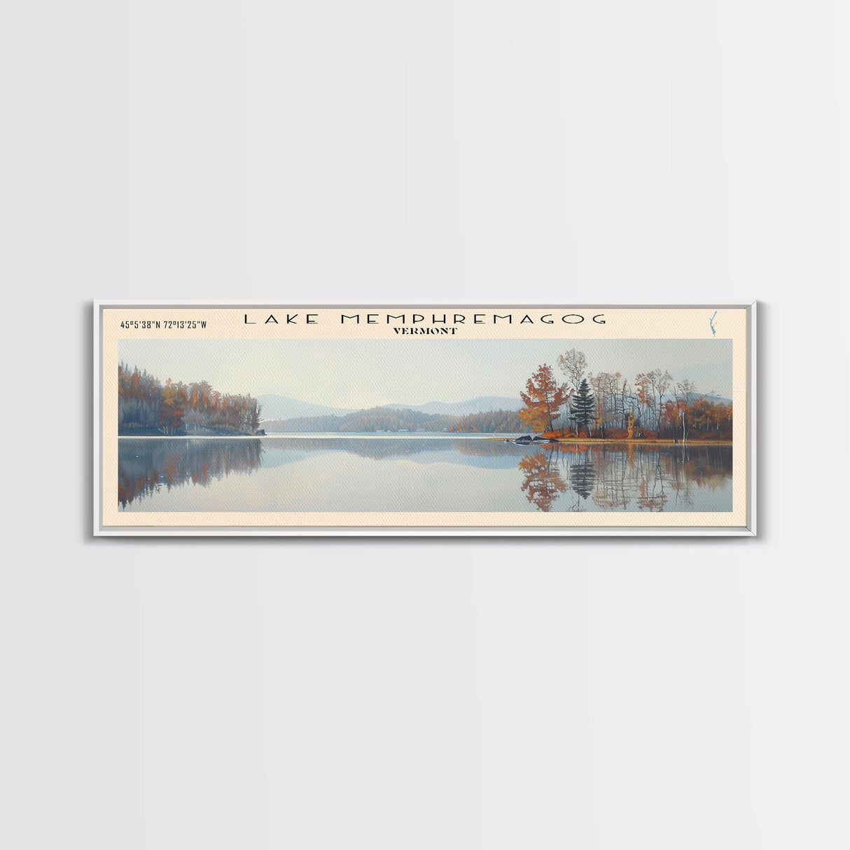 Lake Memphremagog Vermont Framed Canvas Print, Lake House Decor, Panoramic Wall Art, Travel Poster, Beautiful Landscape Painting, Bedroom Decor