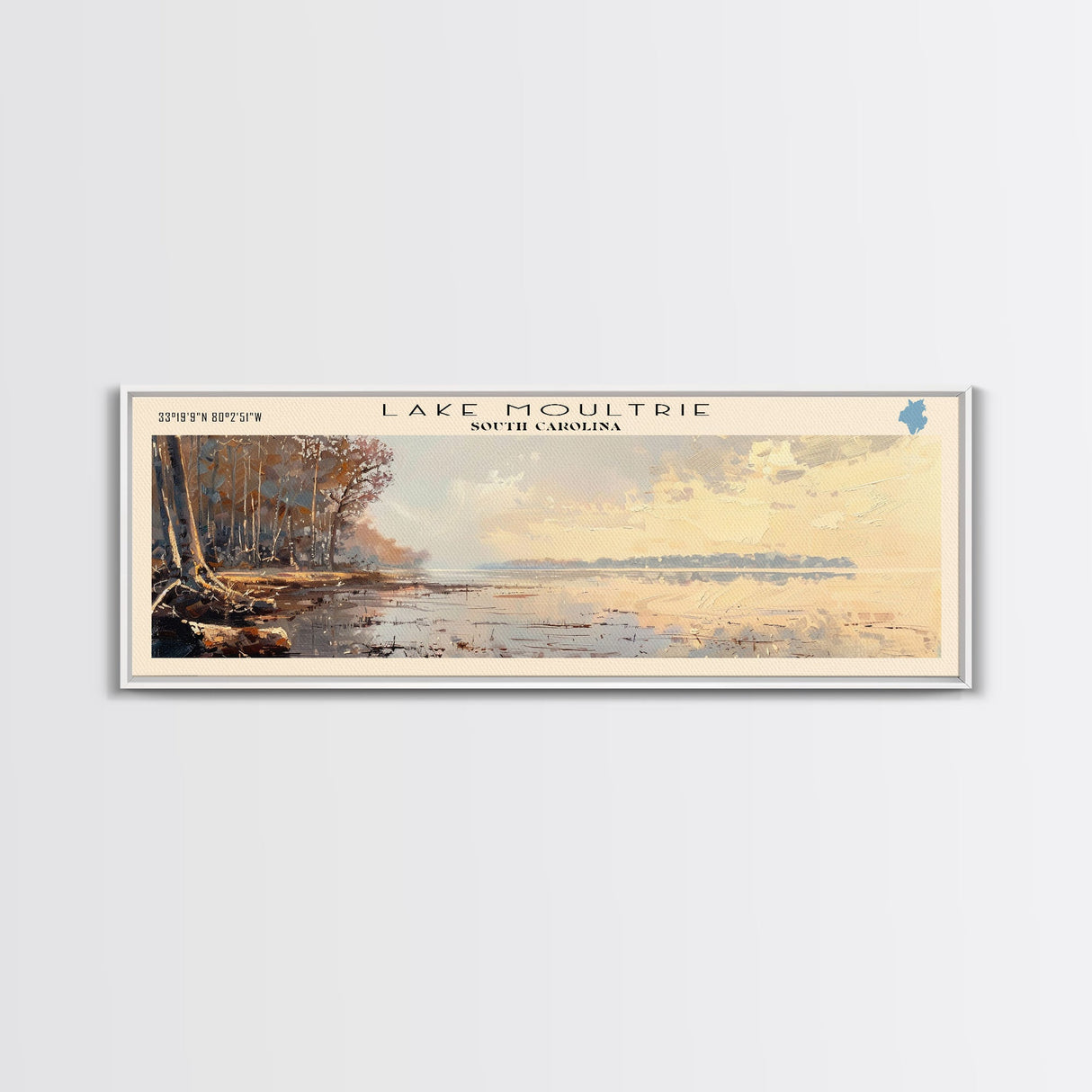 Lake Moultrie Framed Canvas Print, Lake House Decor, Panoramic Wall Art, Travel Poster, Scenic Landscape Painting, Living Room Decor