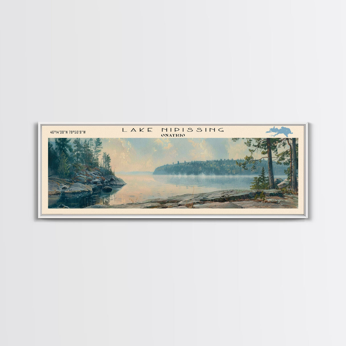 Lake Nipissing Framed Canvas Print, Lake House Decor, Panoramic Wall Art, Travel Poster, Beautiful Landscape Painting, Living Room Decor