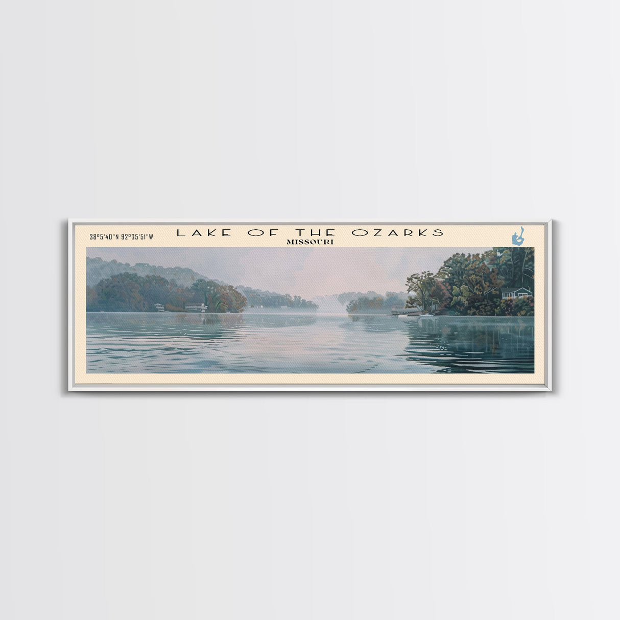 Lake Of The Ozarks Missouri Framed Canvas Print, Lake House Decor, Panoramic Wall Art, Travel Poster, Stunning Landscape Painting, Contemporary Art