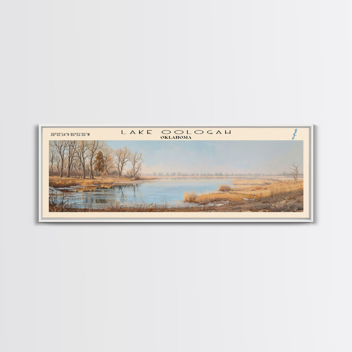 Lake Oologah Oklahoma Framed Canvas Print, Lake House Decor, Panoramic Wall Art, Travel Poster, Serene Landscape Painting, Bedroom Decor