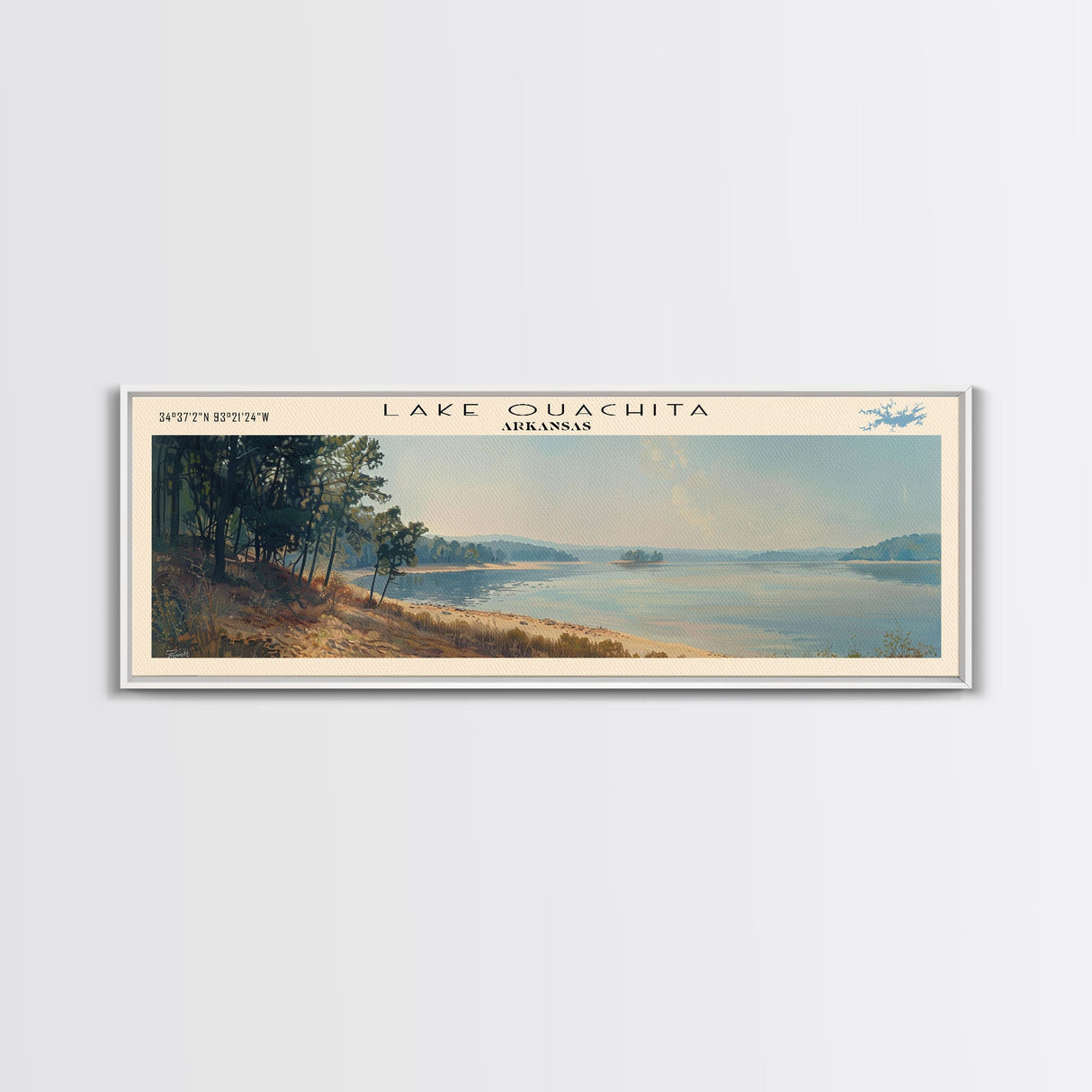 Lake Ouachita Arkansas Framed Canvas Print, Lake House Decor, Panoramic Wall Art, Travel Poster, Scenic Landscape Painting, Living Room Decor