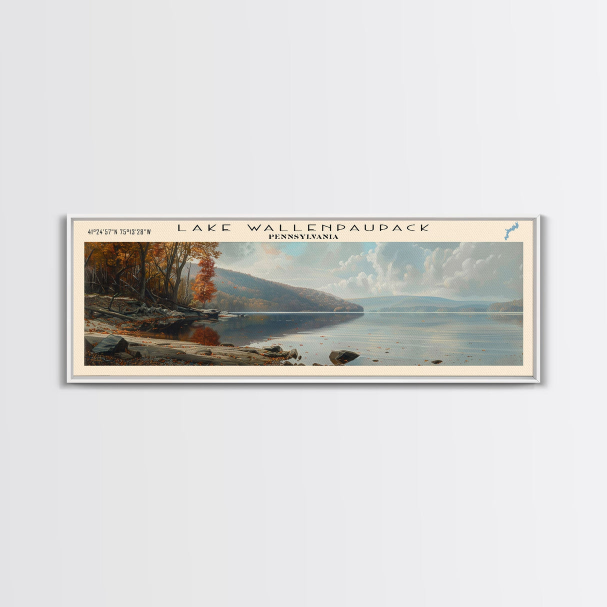 Lake Wallenpaupack Pennsylvania Framed Canvas Print, Lake House Decor, Panoramic Wall Art, Travel Poster, Beautiful Landscape Painting, Living Room Decor