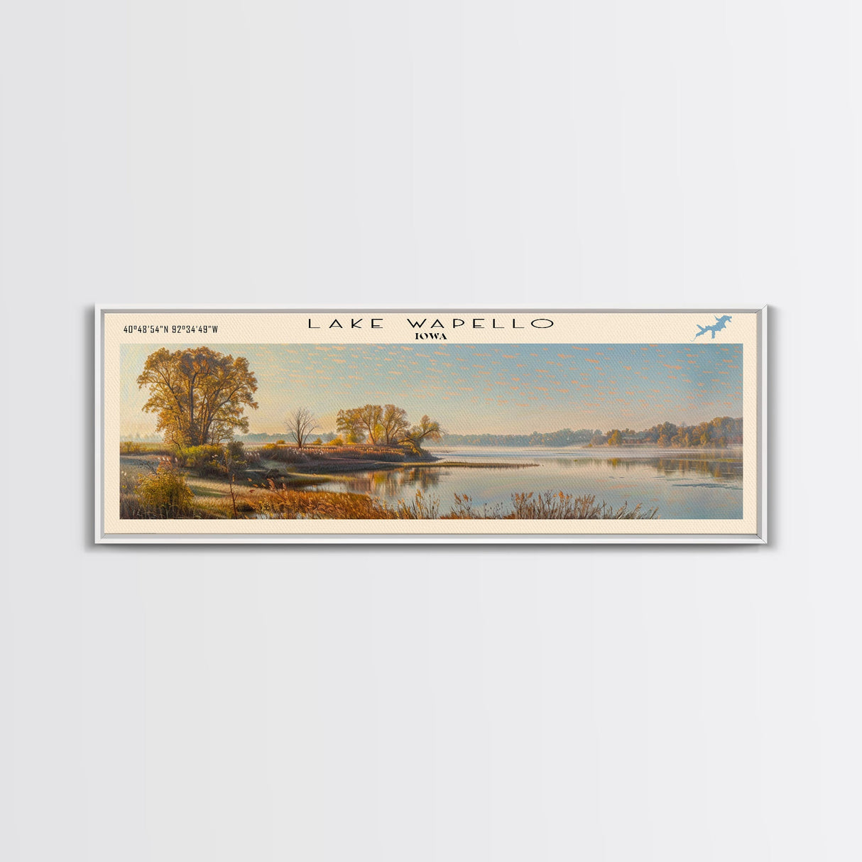 Lake Wapello Iowa Framed Canvas Print, Lake House Decor, Panoramic Wall Art, Travel Poster, Landscape Painting, Modern Art