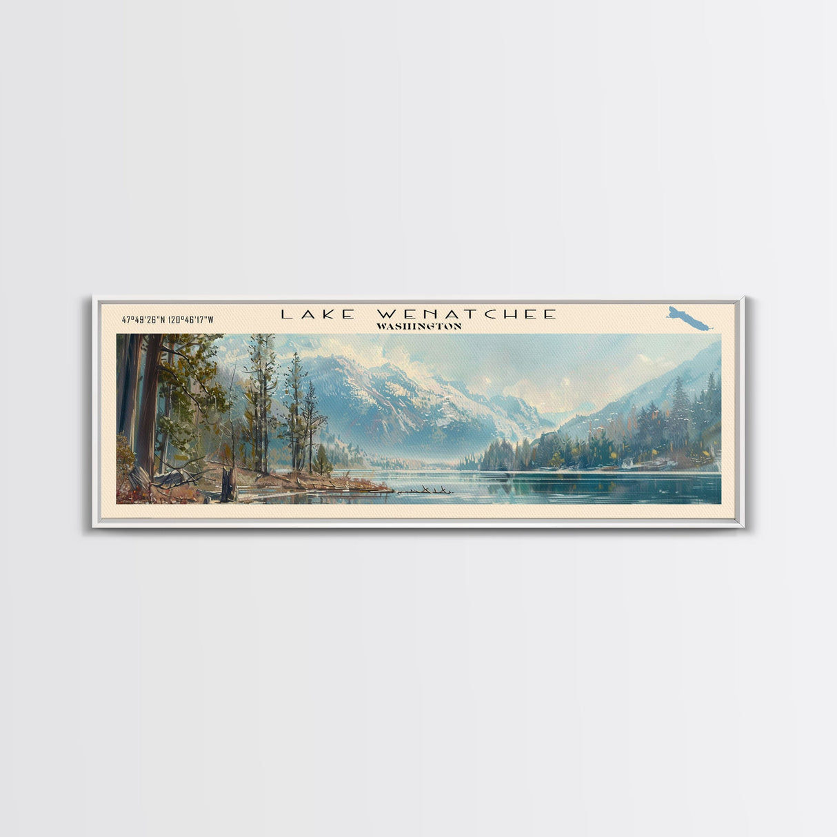 Lake Wenatchee Washington Framed Canvas Print, Lake House Decor, Panoramic Wall Art, Travel Poster, Landscape Painting, Contemporary Art