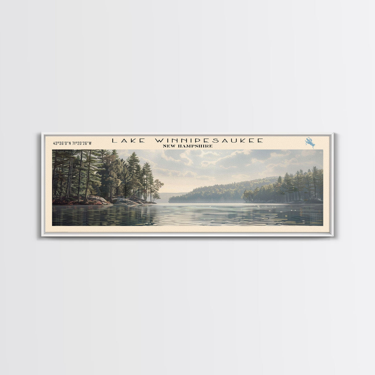 Lake Winnipesaukee Framed Canvas Print, Lake House Decor, Panoramic Wall Art, Travel Poster, Landscape Painting, Modern Art