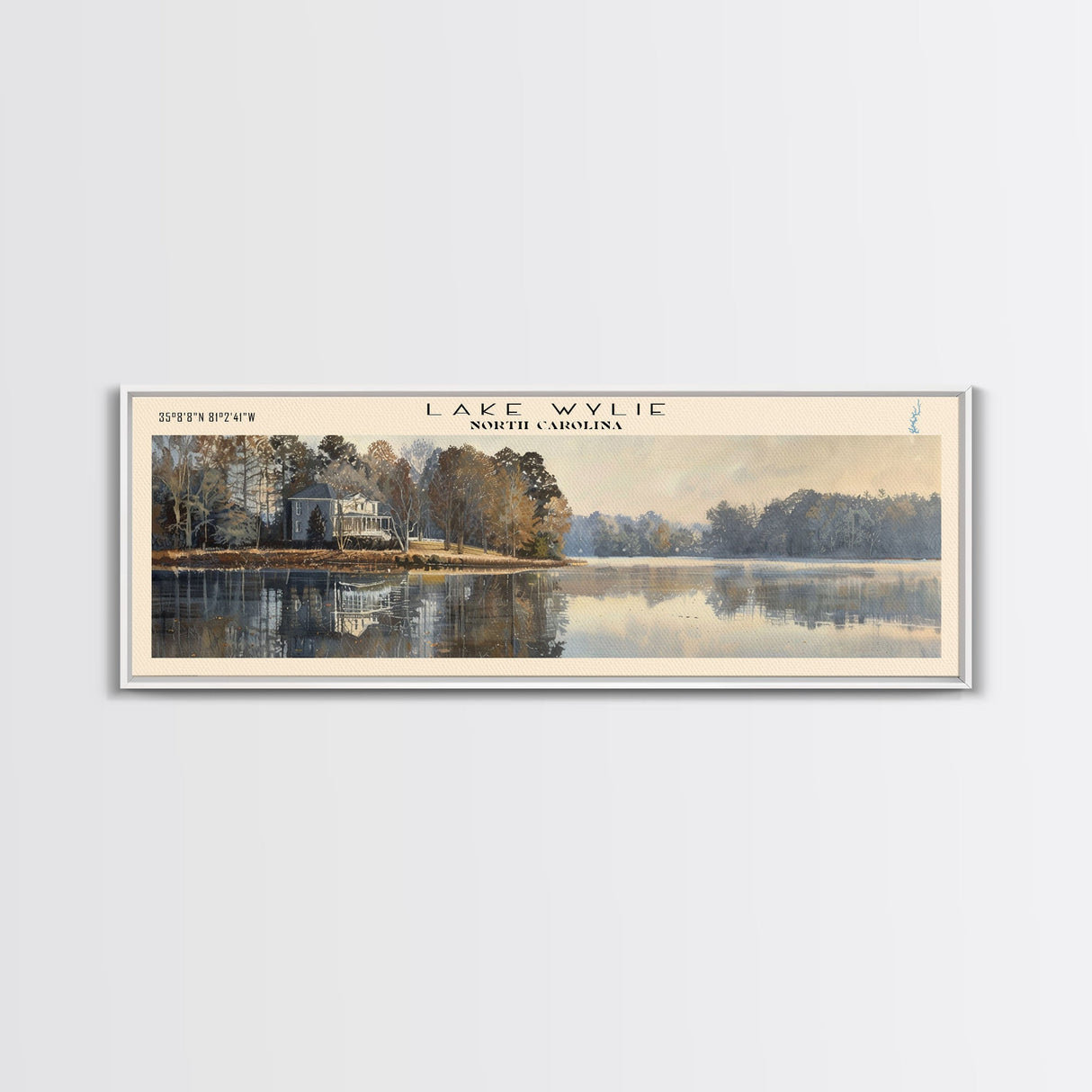 Lake Wylie North Carolina Framed Canvas Print, Lake House Decor, Panoramic Wall Art, Travel Poster, Scenic Landscape Painting, Contemporary Art