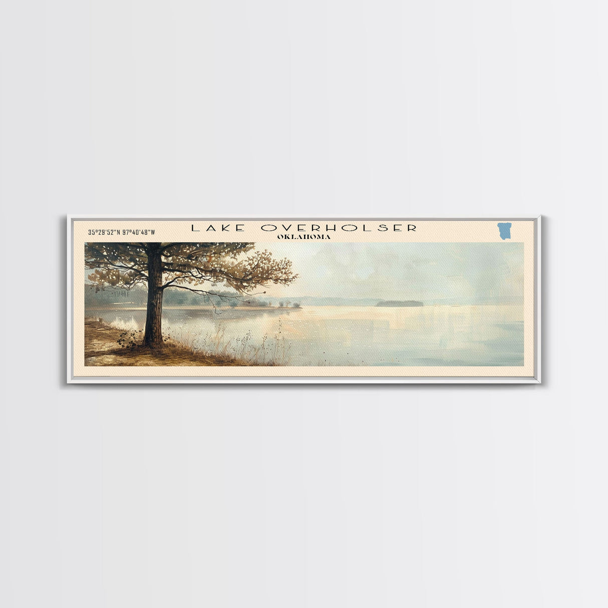 Lake Verholser Oklahoma Framed Canvas Print, Lake House Decor, Panoramic Wall Art, Travel Poster, Landscape Painting, Contemporary Art