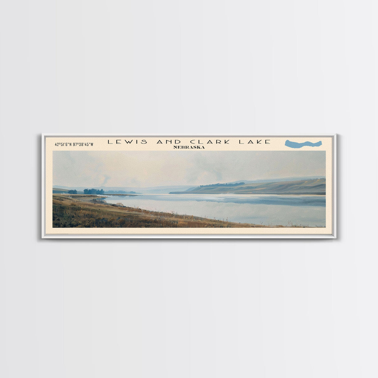 Lewis And Clark Lake Nebraska Framed Canvas Print, Lake House Decor, Panoramic Wall Art, Travel Poster, Scenic Landscape Painting, Contemporary Art