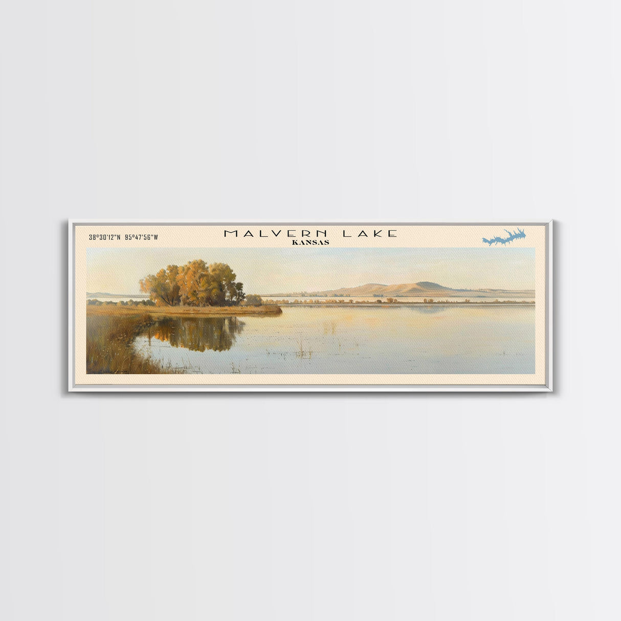 Malvern Lake Kansas Framed Canvas Print, Lake House Decor, Panoramic Wall Art, Travel Poster, Landscape Painting, Bedroom Decor