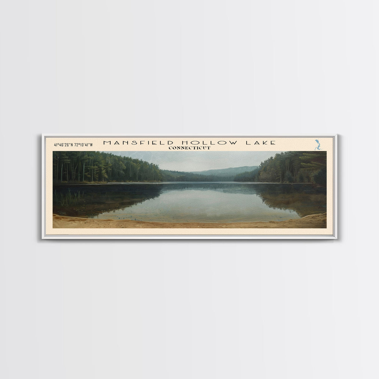 Mansfield Hollow Lake Connecticut Framed Canvas Print, Lake House Decor, Panoramic Wall Art, Travel Poster, Landscape Painting, Contemporary Art