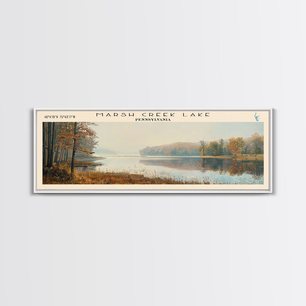 Marsh Creek Lake Pennsylvania Framed Canvas Print, Lake House Decor, Panoramic Wall Art, Travel Poster, Landscape Painting, Modern Art