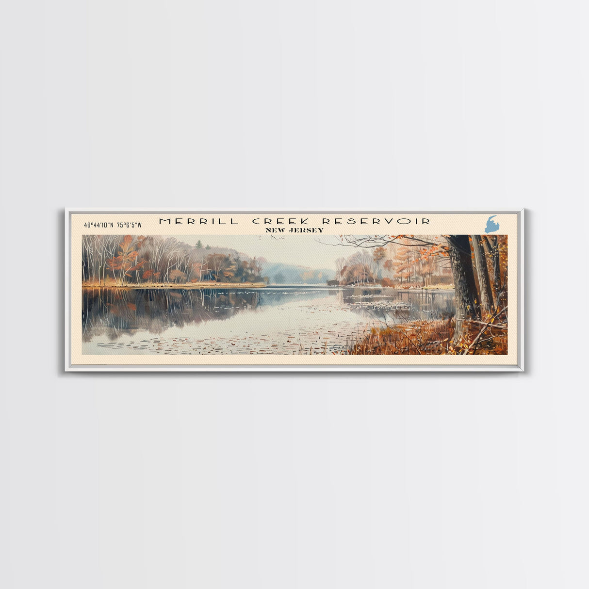 Merrill Creek Reservoir New Jersey Framed Canvas Print, Lake House Decor, Panoramic Wall Art, Travel Poster, Scenic Landscape Painting, Living Room Decor