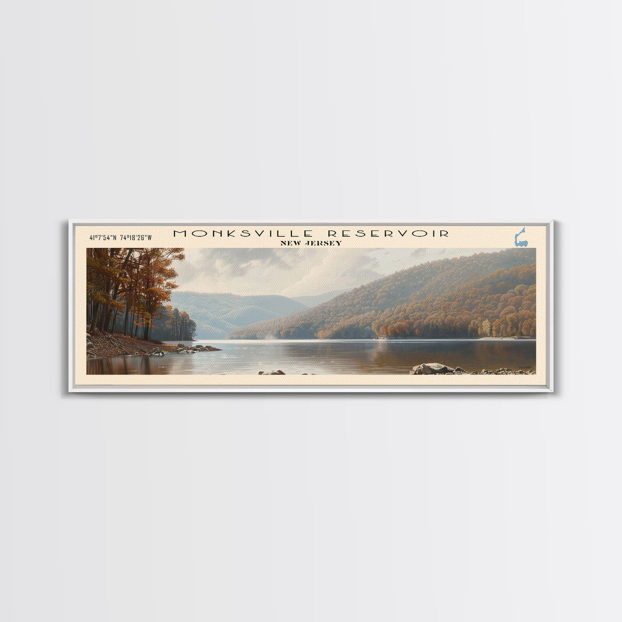 Monksville Reservoir New Jersey Framed Canvas Print, Lake House Decor, Panoramic Wall Art, Travel Poster, Landscape Painting, Bedroom Decor