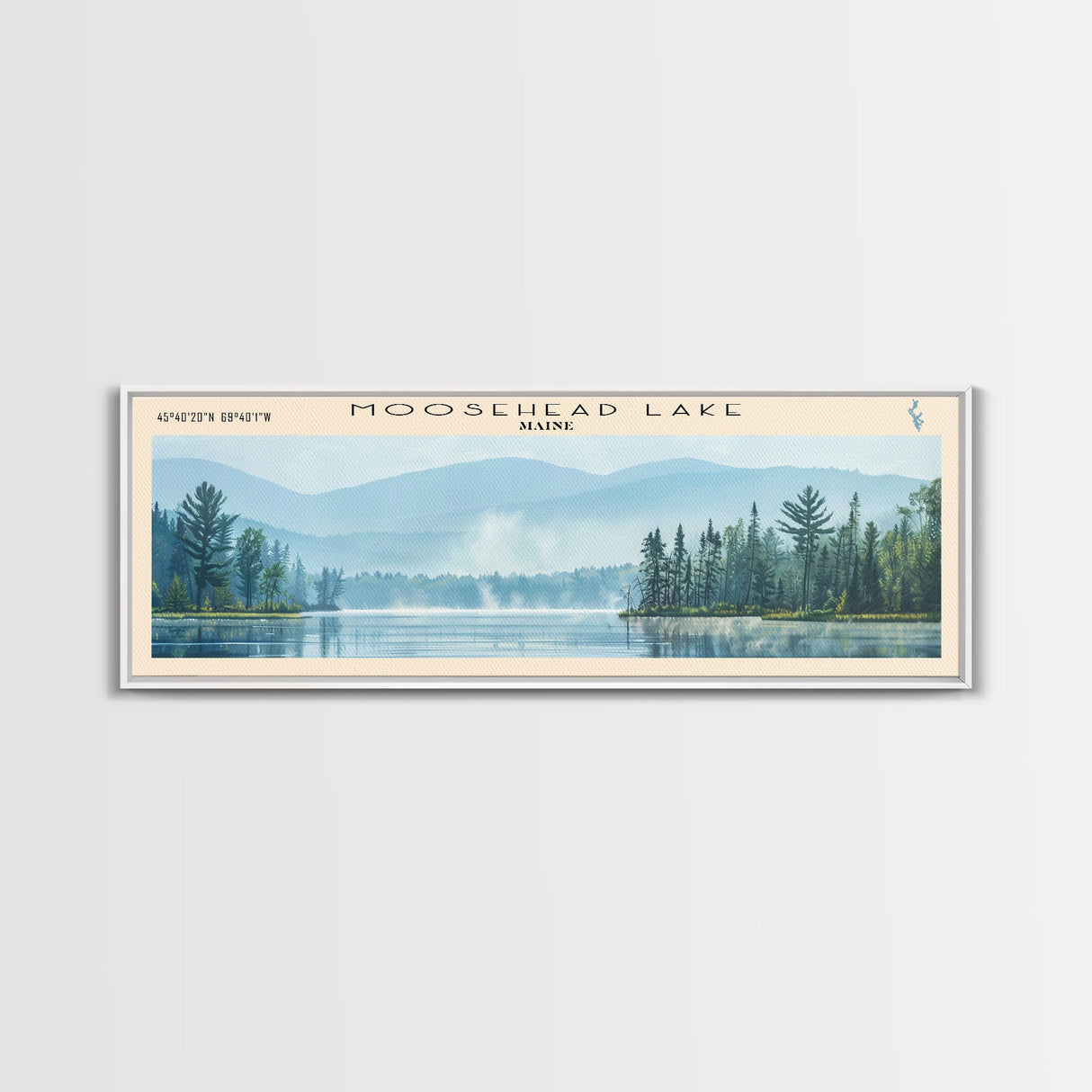 Moosehead Lake Framed Canvas Print, Lake House Decor, Panoramic Wall Art, Travel Poster, Beautiful Landscape Painting, Living Room Decor