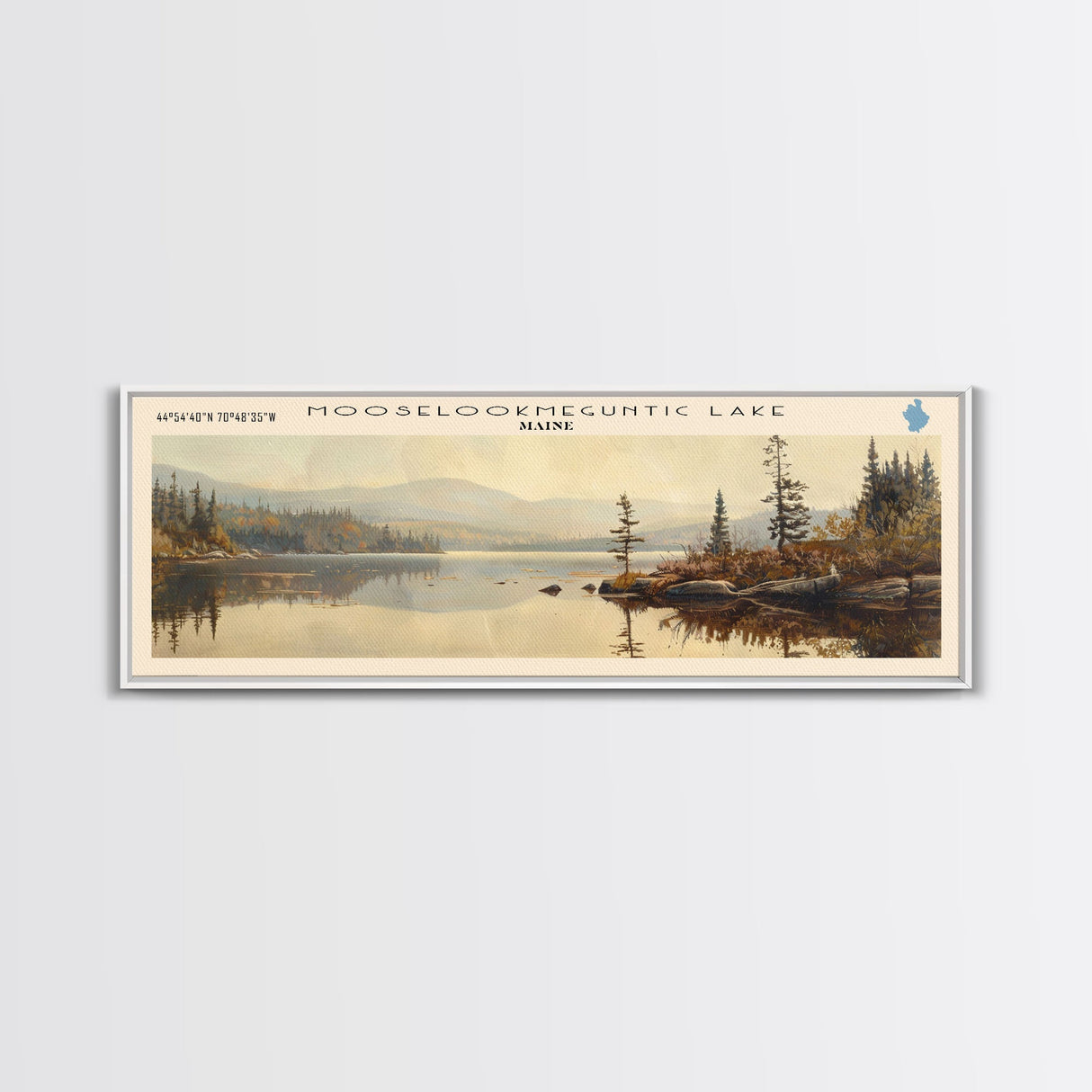 Mooselookmeguntic Lake Maine Framed Canvas Print, Lake House Decor, Panoramic Wall Art, Travel Poster, Landscape Painting, Modern Art