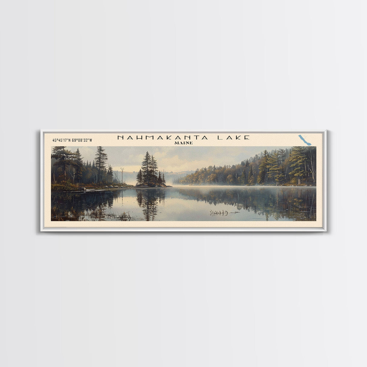 Nahmakanta Lake Maine Framed Canvas Print, Lake House Decor, Panoramic Wall Art, Travel Poster, Beautiful Landscape Painting, Living Room Decor