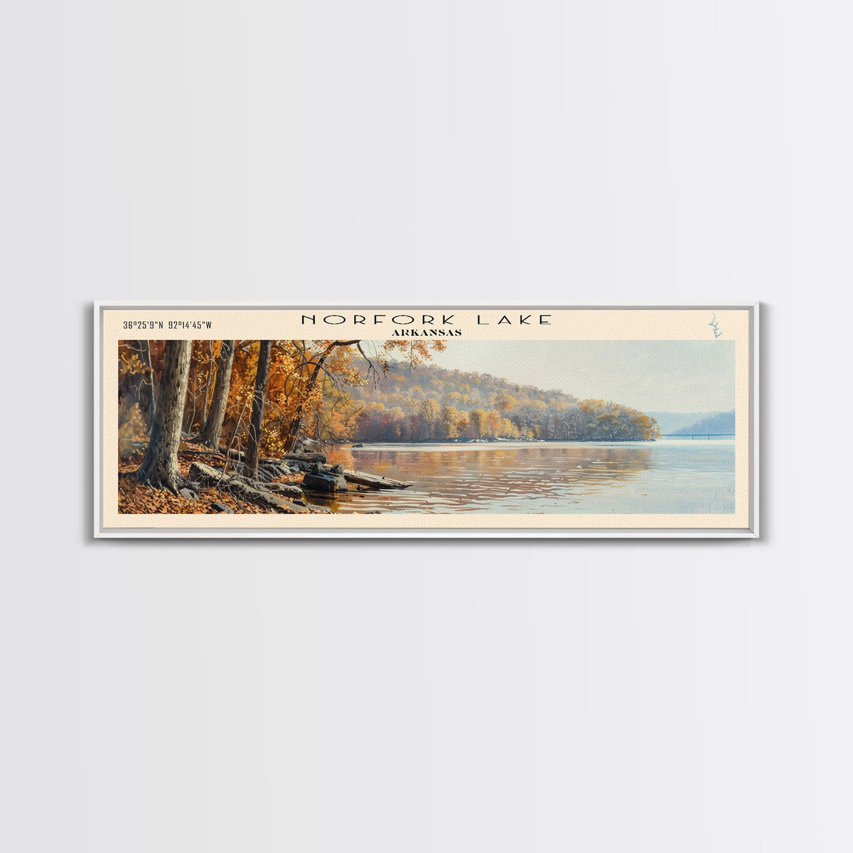 Norfork Lake Arkansas Framed Canvas Print, Lake House Decor, Panoramic Wall Art, Travel Poster, Landscape Painting, Bedroom Decor