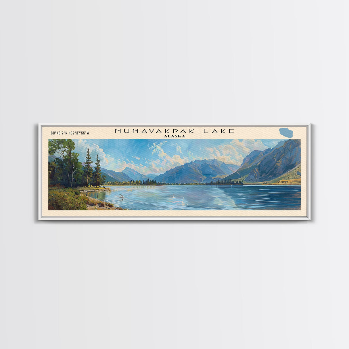 Nunavakpak Lake Framed Canvas Print, Lake House Decor, Panoramic Wall Art, Travel Poster, Scenic Landscape Painting, Contemporary Art