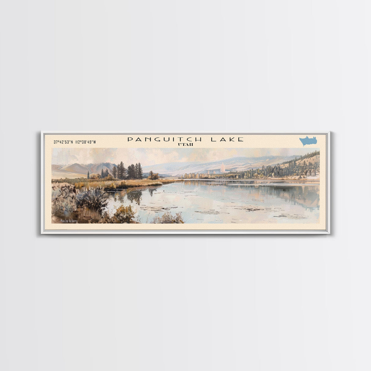 Panguitch Lake Utah Framed Canvas Print, Lake House Decor, Panoramic Wall Art, Travel Poster, Beautiful Landscape Painting, Living Room Decor