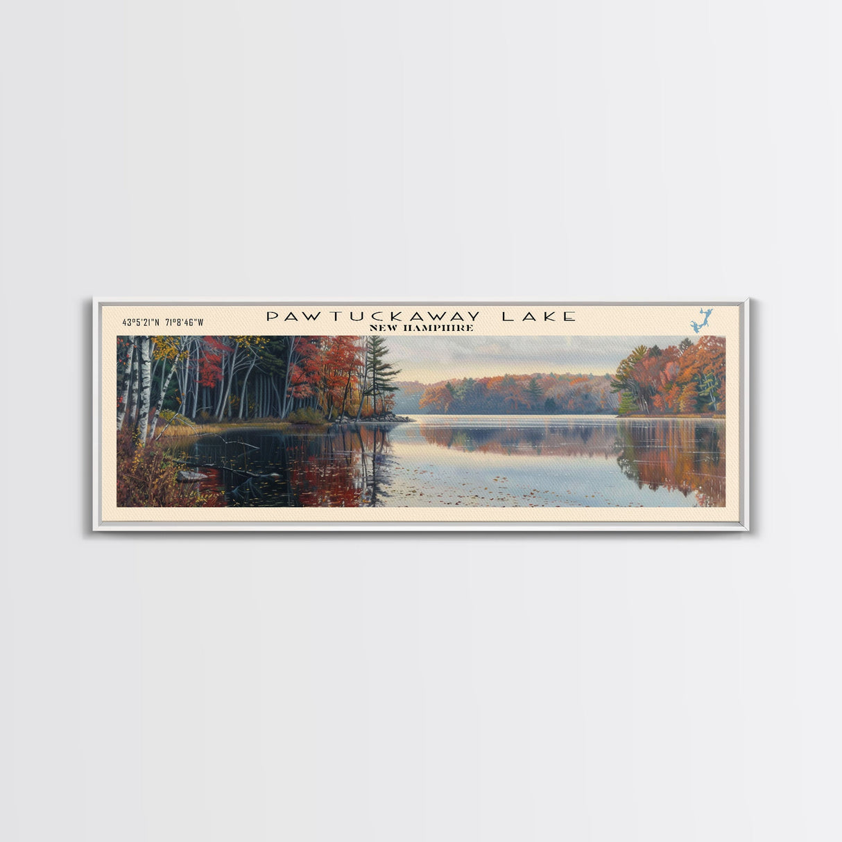 Pawtuckaway Lake New Hampshire Framed Canvas Print, Lake House Decor, Panoramic Wall Art, Travel Poster, Beautiful Landscape Painting, Living Room Decor