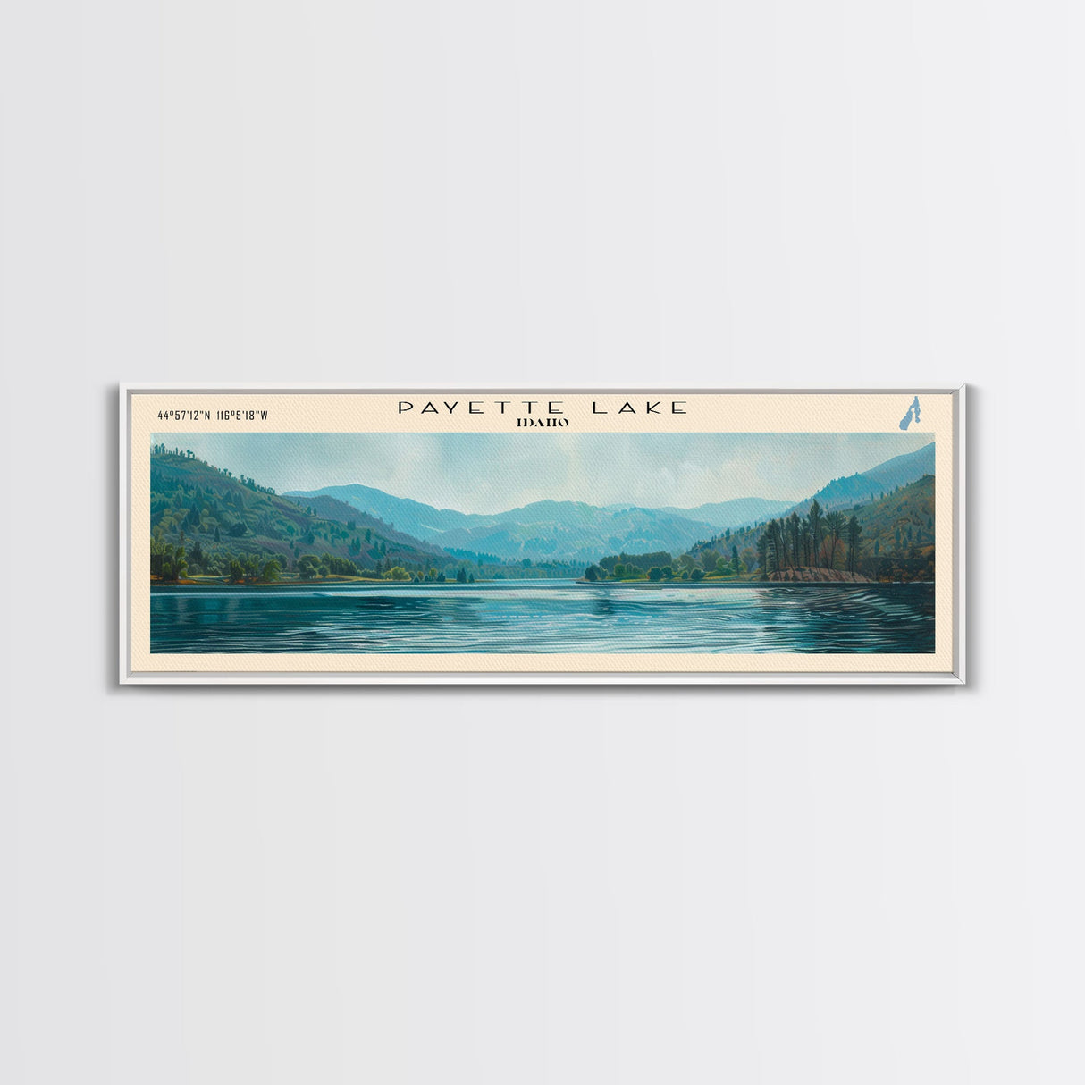 Payette Lake Idaho Framed Canvas Print, Lake House Decor, Panoramic Travel Poster, Landscape Painting, Modern Art