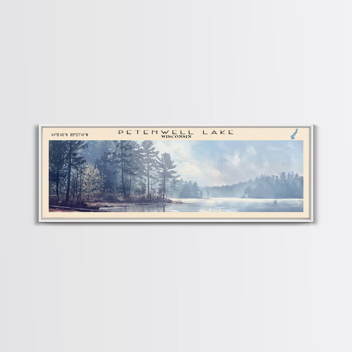 Petenwell Lake Wisconsin Framed Canvas Print, Lake House Decor, Panoramic Travel Poster, Landscape Painting, Modern Art