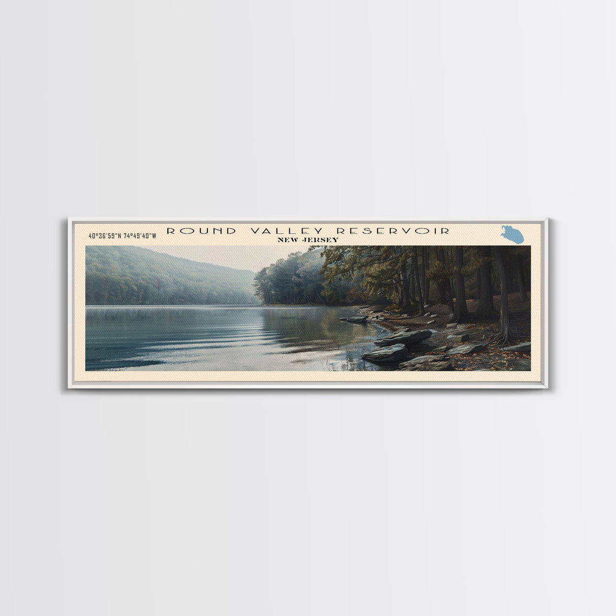 Round Valley Reservoir New Jersey Framed Canvas Print, Lake House Decor, Panoramic Wall Art, Travel Poster, Tranquil Landscape, Modern Art