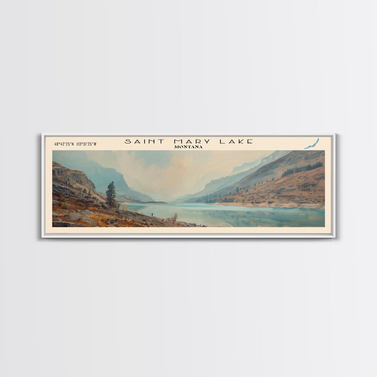 Saint Mary Lake Montana Framed Canvas Print, Lake House Decor, Panoramic Wall Art, Travel Poster, Scenic Lake Painting, Living Room Decor