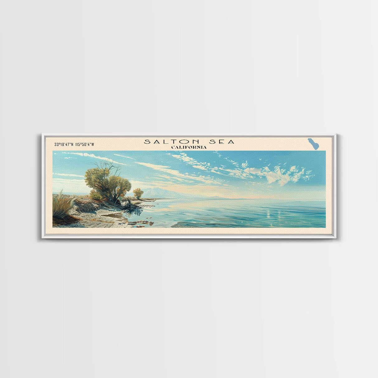 Salton Sea Framed Canvas Print, Lake House Decor, Panoramic Wall Art, Travel Poster, Unique Lake Painting, Modern Art