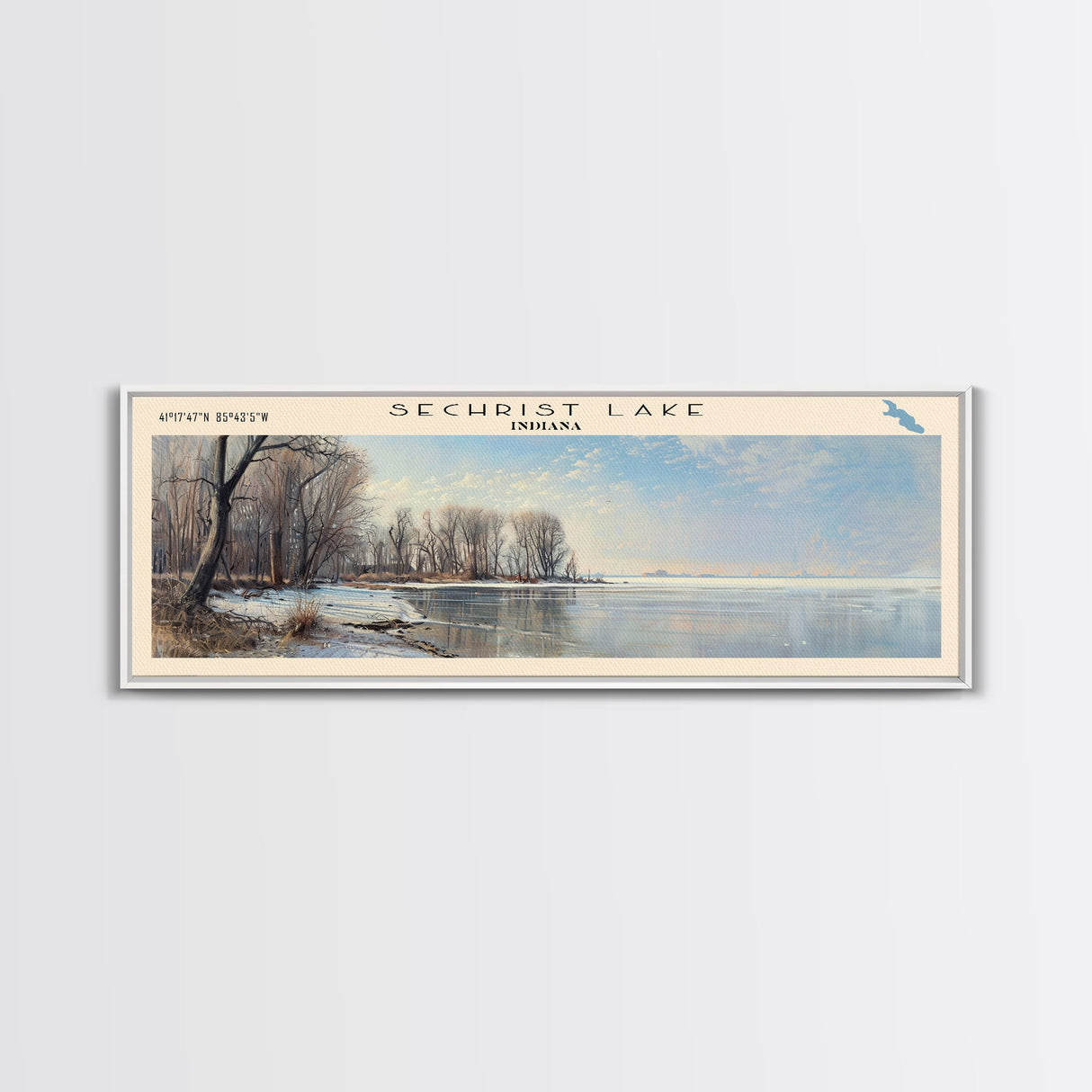 Sechrist Lake Indiana Framed Canvas Print, Lake House Decor, Panoramic Wall Art, Travel Poster, Serene Lake Painting, Bedroom Decor