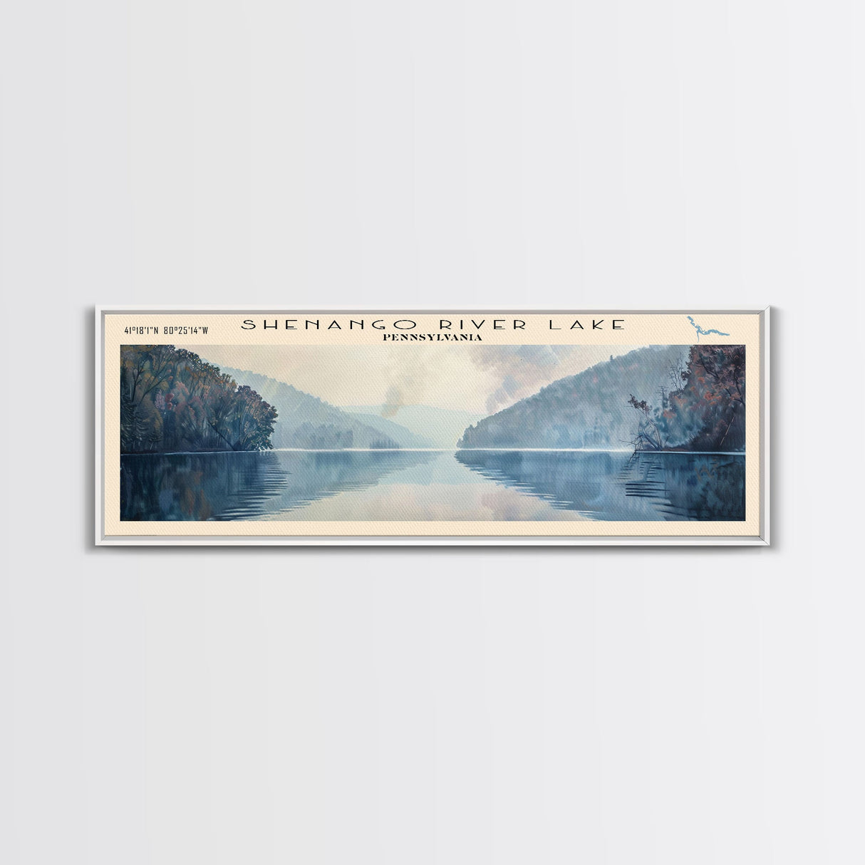 Shenango River Lake Pennsylvania Panoramic Framed Canvas Print, Lake House Decor, Wall Art, Travel Poster, Beautiful Lake Scene, Bedroom Decor