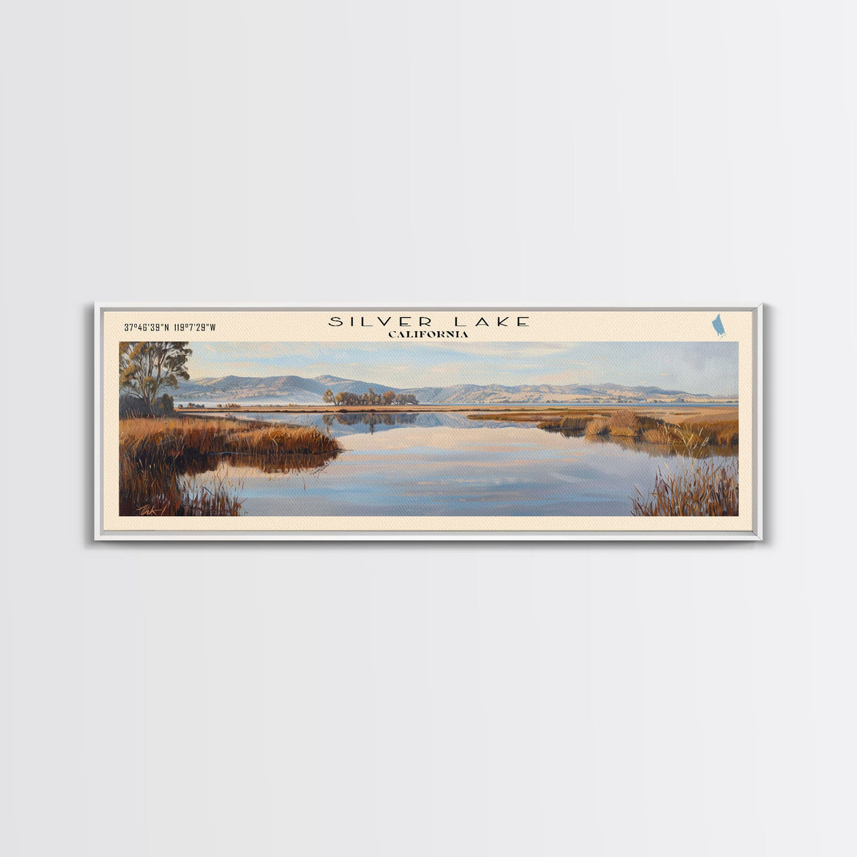 Silver Lake California Panoramic Framed Canvas Print, Lake House Decor, Wall Art, Travel Poster, Beautiful Lake Scene, Bedroom Decor