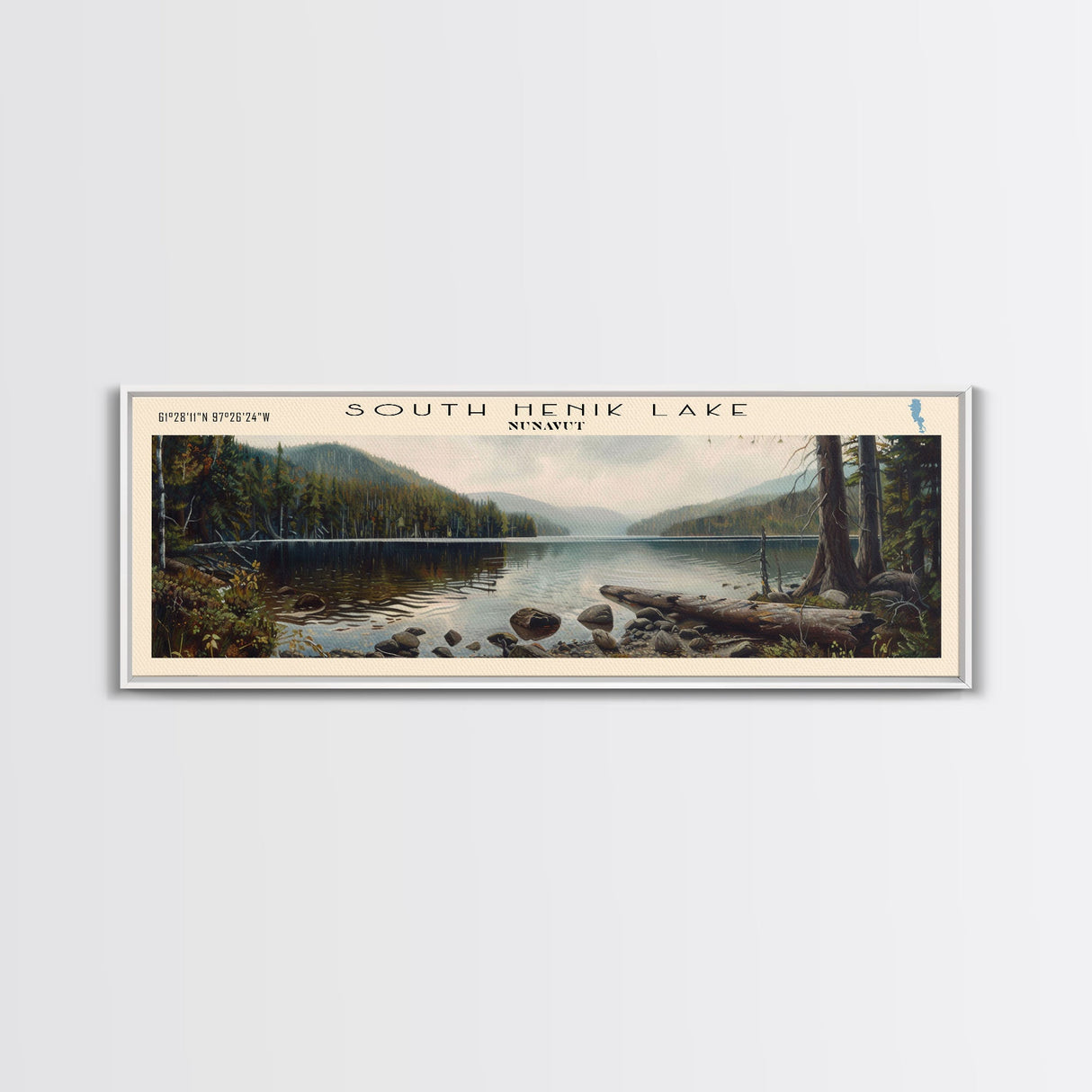 South Henik Lake Panoramic Framed Canvas Print, Lake House Decor, Wall Art, Travel Poster, Scenic Lake Painting, Living Room Decor