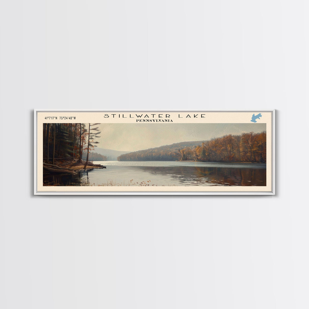 Stillwater Lake Pennsylvania Panoramic Framed Canvas Print, Lake House Decor, Wall Art, Travel Poster, Serene Lake Painting, Living Room Decor