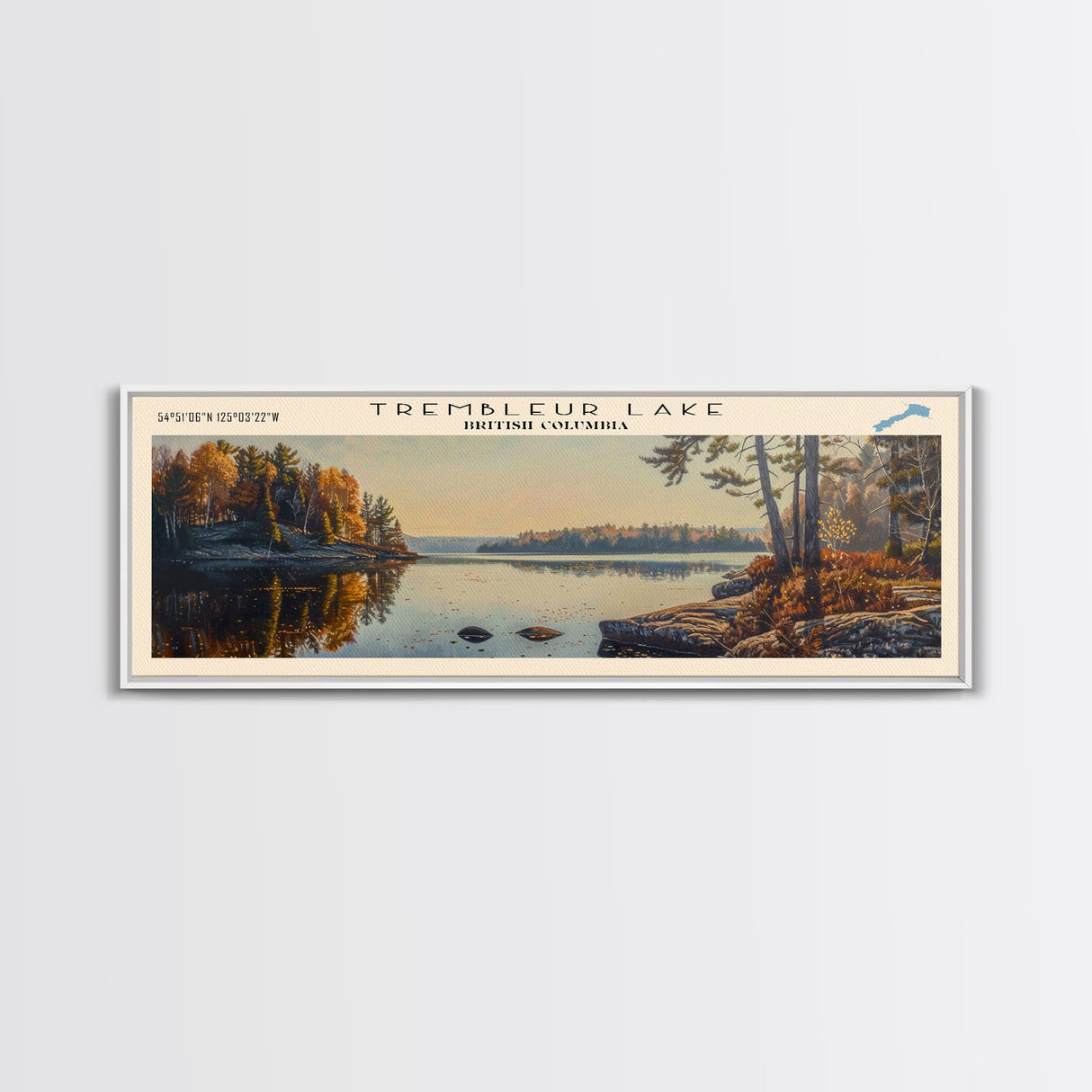 Trembleur Lake Panoramic Wall Art, Framed Canvas Print, Lake House Decor, Travel Poster, Scenic Lake Scene, Living Room Art