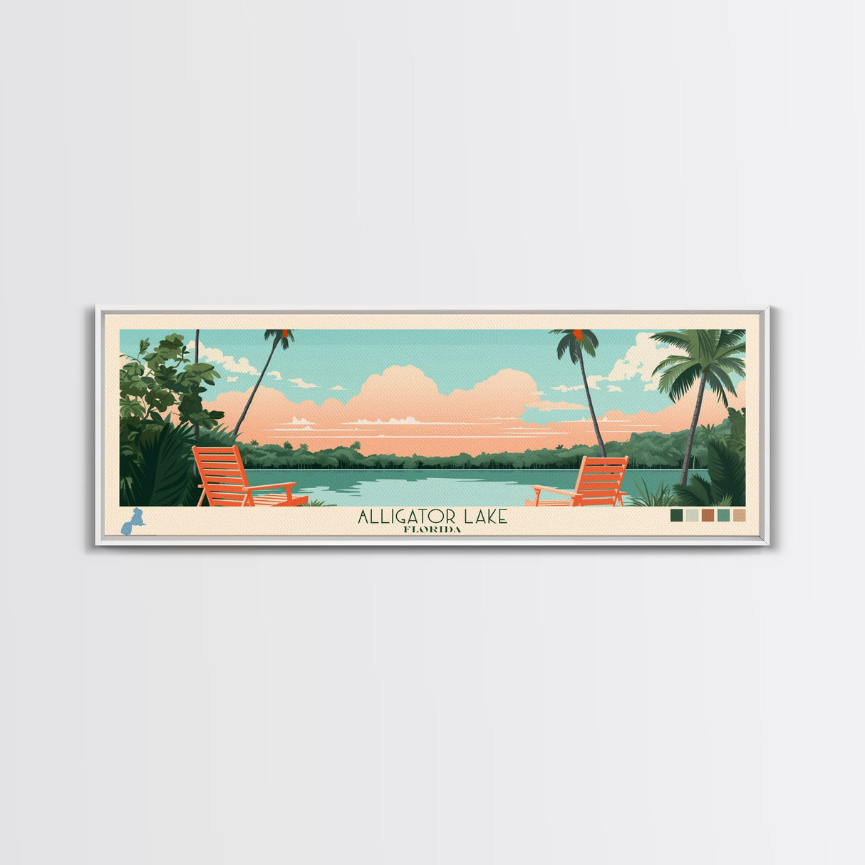 Alligator Lake Florida Framed Canvas Print, Panoramic Travel Poster, Pop Art, Midcentury Modern Wall Art, Scenic Bedroom Decor