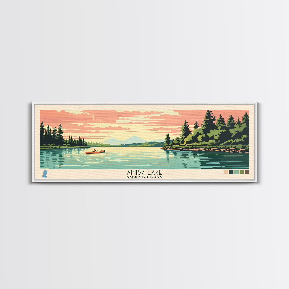 Amisk Lake Saskatchewan Framed Canvas Print, Panoramic Wall Art, Midcentury Modern, Pop Art, Travel Poster, Scenic Living Room Art